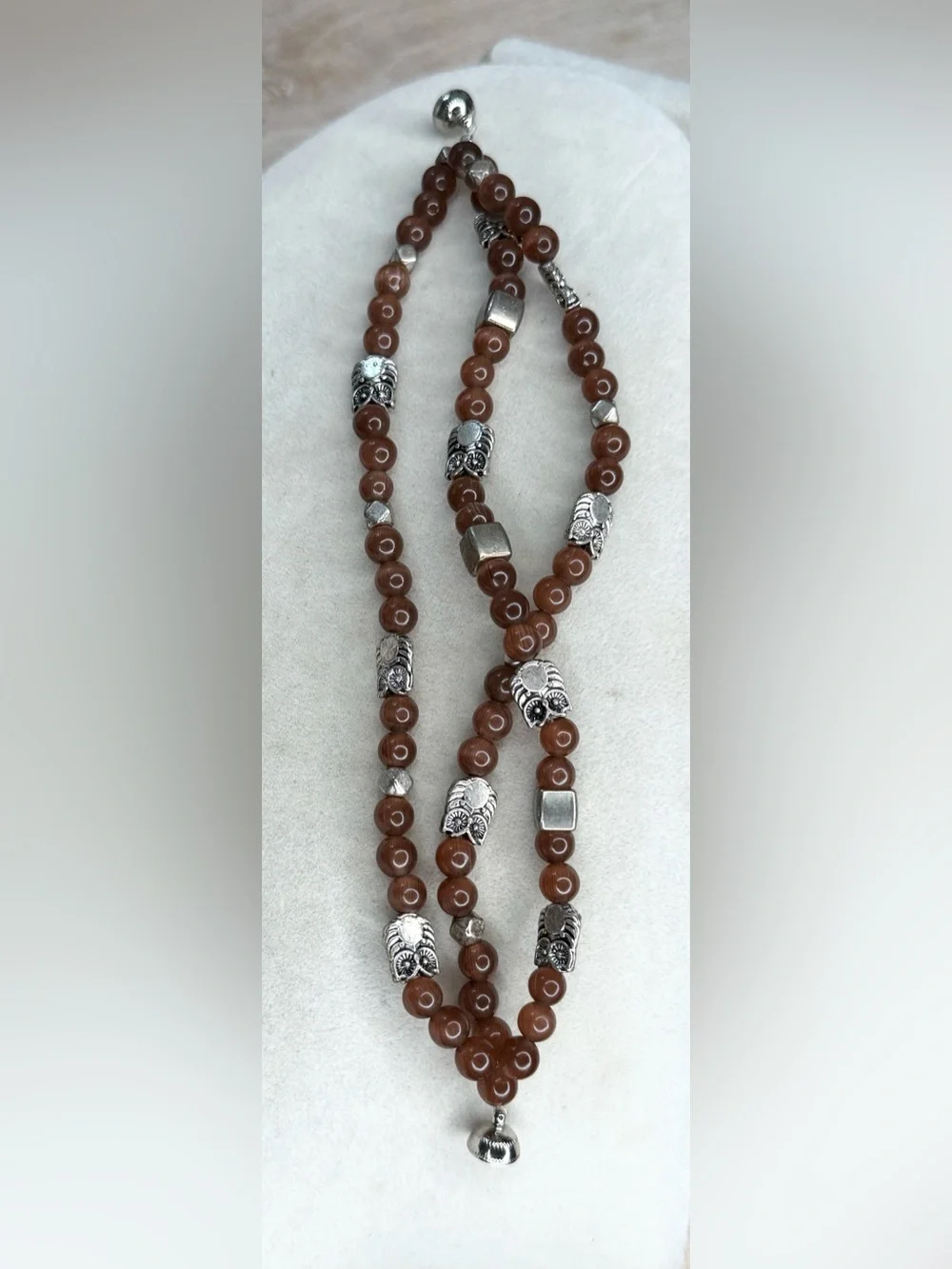 Brown Glass Bead Owl Necklace Silver Tone Multi Strand Magnetic Clasp Boho